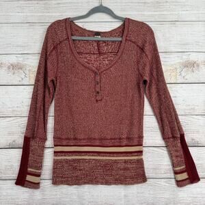 We the Free People Henley Thermal Shirt Womens XS Red Tan